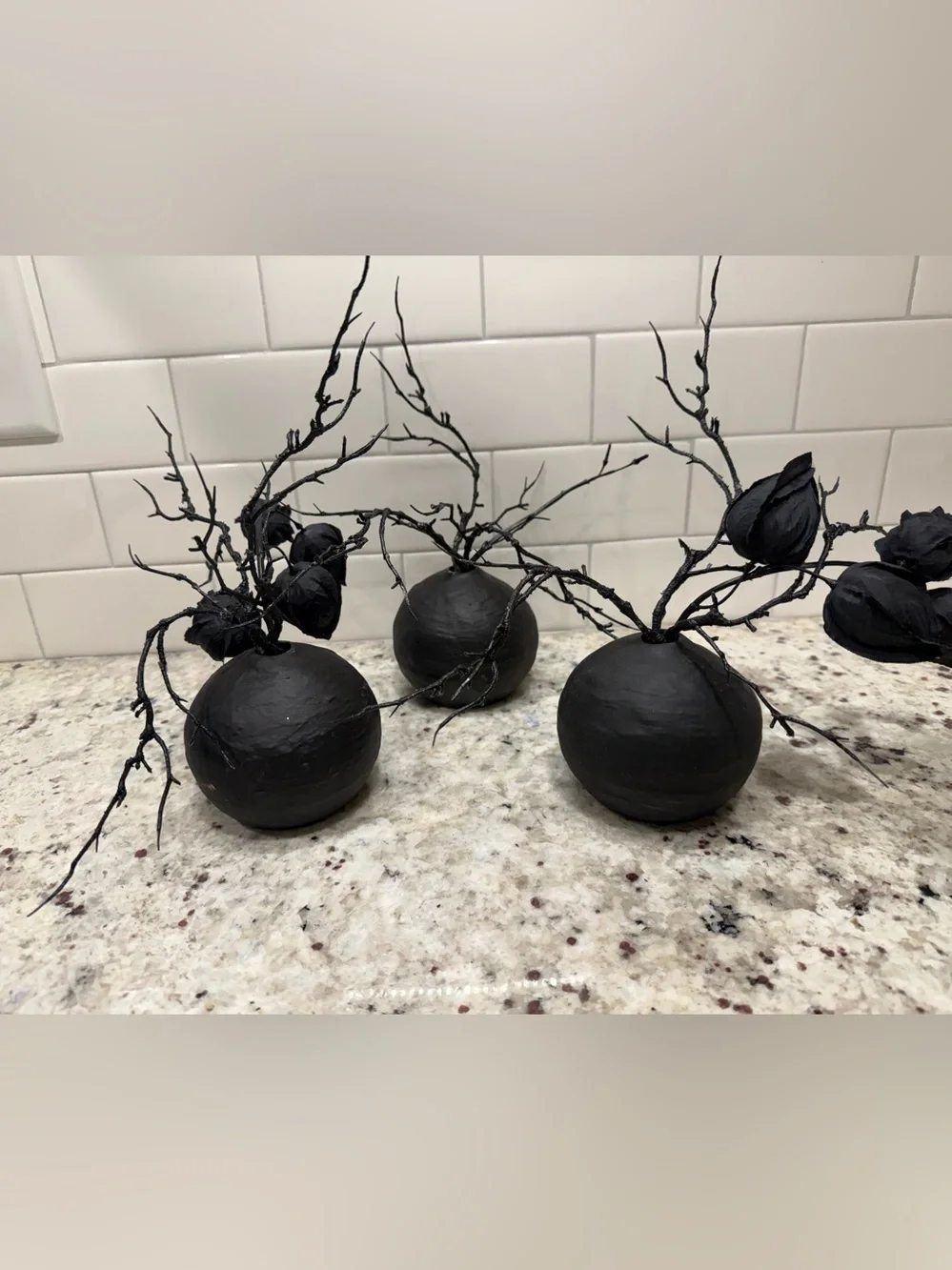 Halloween Black Round Vase with Sculptural Branches & Roses - Set of 3  NWT*